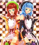  1girl blue_hair bow bowtie brown_bow elbow_gloves flower furfur gloves green_flower green_rose hat holding_hands maekawa_suu mismatched_legwear otoko_no_ko purple_flower purple_rose red_hair rose symmetry thighhighs umineko_no_naku_koro_ni zepar 