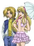  autumn_sacura blonde_hair blue_eyes braid edward_elric fullmetal_alchemist parasol simple_background skirt winry_rockbell yellow_eyes 