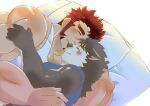 akashi_(live_a_hero) anthro bed blush brown_body brown_fur canid canine canis clothing cuddling dog_operator domestic_dog duo eyebrows fur furniture hair hug human human_on_anthro interspecies kusarikakemono lifewonders live_a_hero male male/male mammal pillow protagonist_(live_a_hero) red_hair romantic romantic_couple shirt smile tank_top thick_eyebrows topwear