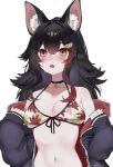  1girl animal_ear_fluff animal_ears artist_name bikini black_choker black_hair black_jacket breasts cat_choker choker cleavage commentary_request fang front-tie_bikini_top front-tie_top hair_ornament hairpin hands_up highres hololive jacket large_breasts leaf_print long_sleeves looking_ahead maple_leaf_print mofumin navel ookami_mio ookami_mio_(hololive_summer_2019) open_clothes open_jacket open_mouth puffy_long_sleeves puffy_sleeves simple_background skin_fang slit_pupils solo stomach swimsuit twitter_username upper_body virtual_youtuber white_background wolf_ears wolf_girl yellow_eyes 
