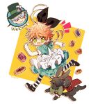  ahoge alice_(alice_in_wonderland) alice_(alice_in_wonderland)_(cosplay) alice_in_wonderland apron black_bow black_rabbit_(animal) blue_dress bow checkerboard_cookie closed_eyes closed_mouth cookie cosplay dress emma_(yakusoku_no_neverland) food green_eyes hair_bow heart-shaped_cookie mad_hatter_(alice_in_wonderland) mad_hatter_(alice_in_wonderland)_(cosplay) norman_(yakusoku_no_neverland) open_mouth orange_hair ray_(yakusoku_no_neverland) running sapphire_(nine) short_hair simple_background surprised thumbprint_cookie white_apron white_background white_hair white_rabbit_(alice_in_wonderland) yakusoku_no_neverland 