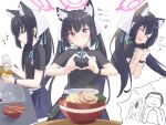  1boy 2girls absurdres animal_ears apron blue_archive blush bowl cat_ears cat_girl char-siu chopsticks closed_eyes commentary_typo cup demon_horns doodle_sensei_(blue_archive) drinking_glass food heart heart_hands highres holding holding_cup holding_sponge horns imagining kayoko_(blue_archive) moe_moe_kyun! multiple_girls myuf noodles nori_(seaweed) official_alternate_costume ramen sensei_(blue_archive) serika_(blue_archive) softboiled_egg sponge washing yellow_sponge 