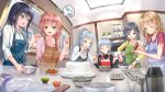  6+girls ahoge apron black_hair blonde_hair blue_eyes blue_hair bottle bowl cake camera closed_eyes closed_mouth cooking fish fisheye food food_on_face fruit grey_eyes hair_bun hair_ornament hair_ribbon high_ponytail hikigaya_komachi holding holding_bottle holding_camera holding_spoon indoors isshiki_iroha kawasaki_keika kawasaki_saki long_hair medium_hair multiple_girls nanashi_(74_nanashi) open_mouth pink_hair pink_scrunchie red_eyes red_ribbon ribbon scrunchie single_hair_bun single_side_bun smile speech_bubble spoon strawberry table tongue tray twintails x_hair_ornament yahari_ore_no_seishun_lovecome_wa_machigatteiru. yellow_eyes yuigahama_yui yukinoshita_yukino 