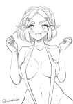  1girl blush braid breasts commentary_request crown_braid hands_up large_breasts looking_at_viewer monbetsu_kuniharu monochrome navel pointy_ears princess_zelda simple_background sketch slingshot_swimsuit smile solo standing swimsuit the_legend_of_zelda the_legend_of_zelda:_tears_of_the_kingdom twitter_username upper_body white_background 