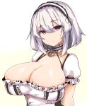  1girl azur_lane breasts cleavage closed_mouth collar commentary_request hairband highres huge_breasts looking_at_viewer red_eyes short_hair short_sleeves simple_background sirius_(azur_lane) solo sprout_(33510539) upper_body white_background white_hair 