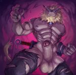  abs anthro balls bandai_namco blonde_hair blue_eyes clawed claws clothed clothing digimon digimon_(species) erection fingers foreskin genitals glans hair half-erect hi_res humanoid_genitalia humanoid_penis leomon looking_at_viewer low-angle_view male mane muscular muscular_anthro muscular_male nipples nurinaki partially_retracted_foreskin pecs penis smile smiling_at_viewer solo tail topless torn_clothing 