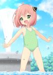  1girl anya_(spy_x_family) artist_name blue_sky blush child cloud cloudy_sky day fountain green_eyes green_one-piece_swimsuit hairpods highres medium_hair one-piece_swimsuit open_mouth outdoors outstretched_arms pila-pela pink_hair polka_dot_one-piece_swimsuit sky solo spy_x_family swimsuit teeth tree upper_teeth_only wading water_drop watermark 