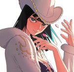  1girl black_hair blue_eyes blunt_bangs coat cowboy_hat cross-laced_clothes cross-laced_top english_commentary fur-trimmed_coat fur_trim hat highres light_smile medium_hair mygiorni nico_robin one_piece petals pink_petals simple_background solo upper_body white_background white_coat white_hat 