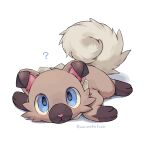  artist_name blue_eyes brown_tail dog full_body highres kaminokefusa looking_at_viewer lying no_humans on_stomach pokemon pokemon_(creature) rockruff simple_background solo white_background 