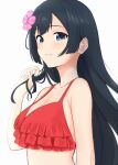  1girl bikini black_hair breasts cleavage closed_mouth collarbone commentary_request flower frilled_bikini frills grey_eyes hair_flower hair_ornament highres long_hair looking_at_viewer love_live! love_live!_nijigasaki_high_school_idol_club medium_breasts playing_with_own_hair red_bikini sidelocks solo swimsuit tatsumi432 upper_body white_background yuki_setsuna_(love_live!) 