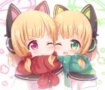  2girls ;d animal_ear_headphones animal_ears araki495 blonde_hair blue_archive blush bow cat_ear_headphones cheek-to-cheek closed_mouth commentary_request fake_animal_ears green_bow green_eyes green_scarf hair_bow halo headphones heads_together jacket midori_(blue_archive) momoi_(blue_archive) multiple_girls one_eye_closed purple_eyes red_bow red_scarf revision scarf siblings sidelocks simple_background sisters smile snowing twins upper_body white_background white_jacket 