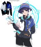  1boy adapted_costume black_jacket black_pants blue_eyes blue_hat blue_jacket bridal_gauntlets bucket_hat english_commentary english_text frown genshin_impact hand_in_pocket hat highres jacket looking_at_viewer male_focus miyan_(oceanmaiden) multicolored_clothes multicolored_jacket pants photo_inset reference_inset scaramouche_(genshin_impact) solo sparkle wanderer_(genshin_impact) white_background white_jacket 