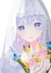  1girl blue_eyes bridal_veil bug butterfly flower grey_hair highres long_hair looking_at_viewer original parted_lips pink_flower portrait ruruka_003 simple_background solo veil white_background white_flower 