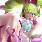  1girl ;d blue_eyes bow commentary_request green_hair hair_bow highres holding holding_stuffed_toy knees_up kuroda_keeshi laalulu long_hair looking_at_viewer multicolored_hair one_eye_closed open_mouth pink_bow pretty_series pripara puffy_short_sleeves puffy_sleeves purple_hair short_sleeves sitting smile solo stuffed_animal stuffed_toy teddy_bear translation_request twintails white_background 