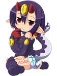  amau_(kosmos) ass bad_id bad_pixiv_id boots desco_(disgaea) disgaea earrings full_body gloves highres horns jewelry makai_senki_disgaea_4 monster_girl panties pantyshot pantyshot_(sitting) pointing pointy_ears purple_footwear purple_hair purple_legwear red_eyes short_hair signature simple_background sitting solo tail thigh_boots thighhighs underwear wariza white_panties 