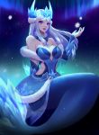  1girl alternate_costume alternate_hair_color aurora bangs bare_shoulders breasts cleavage collarbone commentary_request detached_collar fur_trim gauntlets hand_up helmet highres kezi large_breasts league_of_legends long_hair looking_at_viewer mermaid monster_girl nami_(league_of_legends) parted_lips purple_eyes purple_lips scales silver_hair smile snowflake_print snowflakes solo tail winter_wonder_nami 