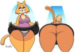  absurd_res anthro blush bottomwear breasts cleavage clothed clothing clothing_lift domestic_cat felid feline felis female freckles fur hi_res jellystone_(hbo_max) jhenightfox looking_at_viewer looking_back looking_back_at_viewer mammal orange_body orange_fur panties skirt skirt_lift solo thick_thighs thong underwear 