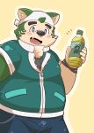 anthro bandanna belly beverage blush bottle canid canine canis clothing container domestic_dog eyebrows fur green_body green_fur hi_res jacket kerchief lifewonders live_a_hero male mammal mokdai nekotapixiv overweight smile solo thick_eyebrows topwear