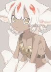  1girl animal_ears animal_hands artist_name closed_mouth commentary_request dark-skinned_female dark_skin english_text extra_arms faputa goggles hair_between_eyes kinutani_yutaka looking_at_viewer made_in_abyss monster_girl multiple_tails orange_pupils tail white_hair yellow_eyes 