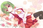  ascot bad_id bad_pixiv_id black_legwear blush breasts flower green_hair highres ikeda_hazuki kazami_yuuka lying medium_breasts on_back pink_flower pink_rose plaid plaid_skirt plaid_vest red_eyes red_flower red_rose rose short_hair skirt skirt_set solo thighhighs touhou vest yellow_flower yellow_rose zettai_ryouiki 