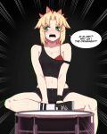  1girl absurdres bare_shoulders black_shorts black_tank_top blonde_hair bra breasts english_text fate/grand_order fate_(series) green_eyes highres hyperbudd long_hair looking_to_the_side midriff mordred_(fate) mordred_(fate/apocrypha) navel parted_bangs ponytail red_bra shorts sidelocks sitting small_breasts solo speech_bubble tank_top underwear 