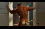  2024 anthro back_muscles biceps body_hair butt chair curtains door doorway felid furniture hair hi_res inside male mammal manly muscular nude pantherine ponytail rear_view solo spread_arms tiger yeshh 