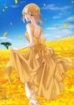  1girl bare_arms bare_shoulders blonde_hair blush bra dress falling_petals field flower flower_field from_behind hair_flower hair_ornament highres isshiki_iroha light_(lightpicture33) long_dress looking_at_viewer looking_back medium_hair open_mouth outdoors petals shoulder_blades skirt_hold solo tree underwear yahari_ore_no_seishun_lovecome_wa_machigatteiru. yellow_bra yellow_dress yellow_eyes 