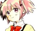  1girl blush_stickers bow bowtie closed_mouth collar collared_shirt commentary_request hair_ribbon kaname_madoka looking_at_viewer lowres mahou_shoujo_madoka_magica mahou_shoujo_madoka_magica_(anime) mitakihara_school_uniform no+bi= pink_eyes pink_hair red_bow red_bowtie red_ribbon ribbon school_uniform shirt short_hair short_twintails simple_background smile solo twintails upper_body white_background white_collar yellow_shirt 