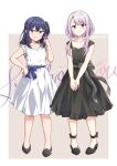  2girls absurdres aged_down amasawa_kyou artist_name bare_arms black_dress black_footwear blue_hair blush brown_background character_name cinnamyon closed_mouth commentary dress english_commentary grin highres izumi_shiho long_hair multiple_girls one_side_up open_mouth purple_eyes purple_hair sasayaku_you_ni_koi_wo_utau sleeveless sleeveless_dress smile two-tone_background white_background white_dress 