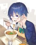  1girl blazer blue_eyes blue_hair blush bow bowtie ciel_(tsukihime) collared_shirt eating fogged_glasses food futaba_(futaba_uc) glasses green_bow highres jacket naoetsu_high_school_uniform noodles open_mouth ramen school_uniform shirt short_hair solo steam tsukihime tucking_hair 