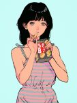  1girl bare_shoulders black_hair blue_background box brown_eyes camisole chips_(food) food grey_camisole highres holding holding_box holding_food looking_at_viewer nukazuke original pink_camisole potato_chips product_placement simple_background solo spaghetti_strap striped_camisole 