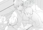  3boys ahoge axis_powers_hetalia book book_stack buttons carpet character_request child collared_shirt commentary_request cup curtains fingernails frilled_sleeves frills greyscale holding holding_stuffed_toy indoors leaning_forward living_room long_sleeves looking_at_another male_focus monochrome mug multiple_boys nineo open_book pants parted_lips shirt short_hair sleeves_past_wrists smile stuffed_animal stuffed_toy teddy_bear thick_eyebrows turning_page v-neck vest 