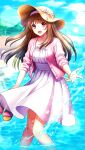  1girl :d blush brown_hair collarbone day doukyuusei_another_world dress floating_hair game_cg hairband hat hat_ribbon jacket kakyuusei long_hair official_art open_clothes open_jacket open_mouth outdoors pink_hairband pink_jacket red_eyes ribbon smile solo splashing straw_hat summer sun_hat sundress white_dress white_ribbon yuuki_mizuho 