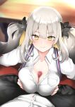  1boy 1girl black_jacket breasts breasts_squeezed_together cleavage collared_shirt dain_(bishop_m) fate/grand_order fate_(series) gradient_hair grey_hair hetero highres jacket large_breasts long_hair long_sleeves looking_at_viewer marie_antoinette_(alter)_(fate) marie_antoinette_(alter)_(first_ascension)_(fate) marie_antoinette_(fate) multicolored_hair off_shoulder paizuri penis shirt sidelocks twintails white_hair white_shirt yellow_eyes 