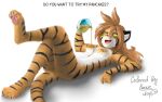 absurd_res anthro felid female flora_(twokinds) food fur hi_res louieaus lying mammal pancake pantherine paws smile solo tail tiger twokinds