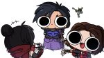  1boy 7th_heaven_skirmisher_wraith aerith_gainsborough aerith_gainsborough_(cosplay) annoyed apex_legends black_eyes black_hair braid brown_hair cartoonized cellphone chibi cloud_strife cloud_strife_(blue_dress) cloud_strife_(cosplay) cosplay crossdressing crypto_(apex_legends) final_fantasy final_fantasy_vii final_fantasy_vii_rebirth final_fantasy_vii_remake flower_girl_horizon hair_bun holding holding_phone jacket keyblade kingdom_hearts looking_at_viewer miyan_(oceanmaiden) official_alternate_costume open_hands phone red_jacket red_scarf scarf single_hair_bun smartphone smile sora_(kingdom_hearts) sora_(kingdom_hearts)_(cosplay) toon_(style) twin_braids wraith_(apex_legends) 