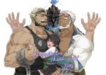  1girl 3boys @_@ aegir_(housamo) anchor_earrings anger_vein aqua_hair artist_name balor_(housamo) bara bare_pectorals beard black_hair black_tank_top blonde_hair blue_fire blush boy_sandwich carrying carrying_person commission cuffs dark-skinned_male dark_skin distress dog_tags earrings english_text eyewear_on_head f69g facial_hair fangs fingernails fire full_beard grin hands_up helmet jewelry large_pectorals long_hair looking_at_another male_harem multicolored_hair multiple_boys muscular muscular_male mustache_stubble open_clothes open_mouth open_shirt pectorals pleated_skirt protagonist_2_(housamo) sandwiched scales seductive_smile shackles sharp_fingernails simple_background single_earring size_difference skirt smile sparse_arm_hair sparse_chest_hair spiked_helmet stubble surtr_(housamo) sweat tank_top thank_you thick_arms tokyo_afterschool_summoners two-tone_hair upper_body veins veiny_arms veiny_neck white_background white_hair 