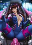  1girl adapted_costume alexanderdinh bangs blue_bodysuit blurry blurry_background bodysuit breasts brown_hair center_opening cleavage commentary d.va_(overwatch) english_commentary facepaint facial_mark gloves headphones high_collar highres laboratory large_breasts lips long_hair meka_(overwatch) navel overwatch parted_lips patreon_username pilot_suit pink_lips restrained ribbed_bodysuit shoulder_pads signature sitting skin_tight solo spread_legs stationary_restraints swept_bangs watermark web_address whisker_markings white_gloves 