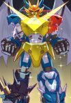  absurdres armor clenched_hands digimon dragon facial_mark fladramon forehead_mark fusion glowing glowing_eyes gold_armor gradient_background highres horns lighdramon magnamon mecha red_eyes richard_park robot shoulder_armor sparkle v-dramon xv-mon 