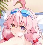  1girl ahoge blue_archive blue_eyes blush cum eyewear_on_head fengshen_chino glasses heart heart_in_eye heterochromia highres hoshino_(blue_archive) looking_at_viewer lying open_mouth pink_hair solo sunglasses symbol_in_eye twintails yellow_eyes 