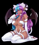 2019 big_breasts breasts capcom claws clothed clothing cosplay darkstalkers demon demon_humanoid fake_cat_ears fake_ears felicia_(darkstalkers) female food hi_res holding_food holding_object holding_popsicle horn huge_breasts humanoid humanoid_pointy_ears lips navel pawpads paws popsicle sitting skimpy solo tan_body tan_skin tongue tongue_out vivica_(akukun) vmat wings