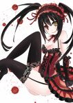  1girl bare_shoulders black_hair breasts clock_eyes date_a_live dress frilled_dress frilled_hairband frills garter_straps hairband heterochromia lace-trimmed_thighhighs lace_trim lolita_fashion lolita_hairband looking_at_viewer medium_breasts mikan_no_shiru open_mouth red_dress red_eyes smile solo symbol-shaped_pupils thighhighs thighs tokisaki_kurumi twintails two-tone_dress yellow_eyes 