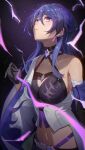  1girl absurdres acheron_(honkai:_star_rail) baizhi black_background black_choker black_gloves breasts choker coat commentary crop_top earrings electricity gloves hair_between_eyes highres honkai:_star_rail honkai_(series) jewelry large_breasts long_hair midriff navel purple_eyes purple_hair single_bare_shoulder solo stomach upper_body white_coat 