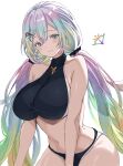 1girl bikini black_bikini breasts closed_mouth commentary cupitan_(summer)_(granblue_fantasy) gradient_eyes gradient_hair granblue_fantasy hair_between_eyes hair_ornament hairclip highres hoshido1214 huge_breasts long_hair looking_at_viewer low_twintails multicolored_eyes multicolored_hair rainbow_hair smile solo sports_bikini swimsuit twintails very_long_hair white_background 