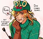  1boy absurdres artist_name bandaid bandaid_on_cheek bandaid_on_face blonde_hair bow brown_gloves commentary cracked_skin diego_brando dinosaur_tail english_commentary english_text gloves green_eyes green_sweater hat highres holding holding_whip huyandere jojo_no_kimyou_na_bouken male_focus medium_hair red_bow riding_crop signature solo steel_ball_run sweater tail turtleneck turtleneck_sweater upper_body 