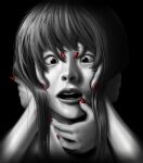  1girl black_background commentary_request fingernails highres horror_(theme) kuro_kosyou long_fingernails long_hair looking_at_viewer monochrome nail_polish open_mouth original out_of_frame realistic red_nails simple_background upper_body 