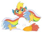 avian blush danel dyna_blade dyna_blade_(species) embarrassed feathers female feral kirby_(series) multicolored_body multicolored_feathers nintendo rainbow_body rainbow_feathers simple_background solo spread_legs spreading white_background white_body white_feathers