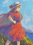  1girl blue_sky brown_hair closed_mouth commentary day dress feet_out_of_frame from_side ge_dazuo green_eyes hand_on_own_hip hat hat_ribbon highres long_hair original outdoors profile red_dress red_ribbon ribbon short_sleeves sky solo standing very_long_hair white_hat 