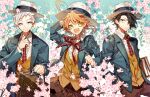  1girl 2boys ahoge arm_up blue_eyes brown_pants brown_skirt brown_vest buttons cherry_blossoms closed_mouth collared_shirt emma_(yakusoku_no_neverland) flower green_eyes looking_at_viewer multiple_boys neck_ribbon necktie norman_(yakusoku_no_neverland) open_mouth orange_hair pants pink_flower plaid plaid_necktie plaid_ribbon plaid_skirt ray_(yakusoku_no_neverland) red_necktie red_ribbon ribbon sapphire_(nine) shirt short_hair skirt smile vest white_hair white_shirt yakusoku_no_neverland 