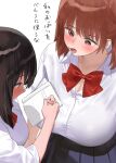 2girls black_hair bow bowtie breasts brown_eyes brown_hair commentary_request holding holding_pen kaisen_chuui large_breasts medium_hair multiple_girls open_mouth original pen red_bow red_bowtie school_uniform shirt short_hair simple_background translation_request white_background white_shirt writing 